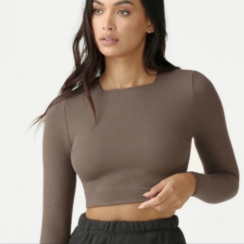 Joah brown ribbed square neck crop top